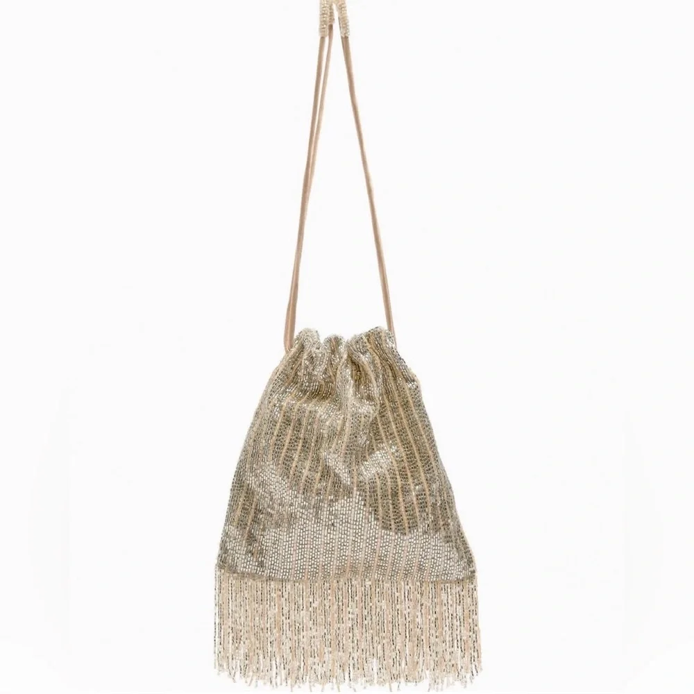 Zara Gold Beaded Fringe Drawstring Wristlet - Picture 1 of 8